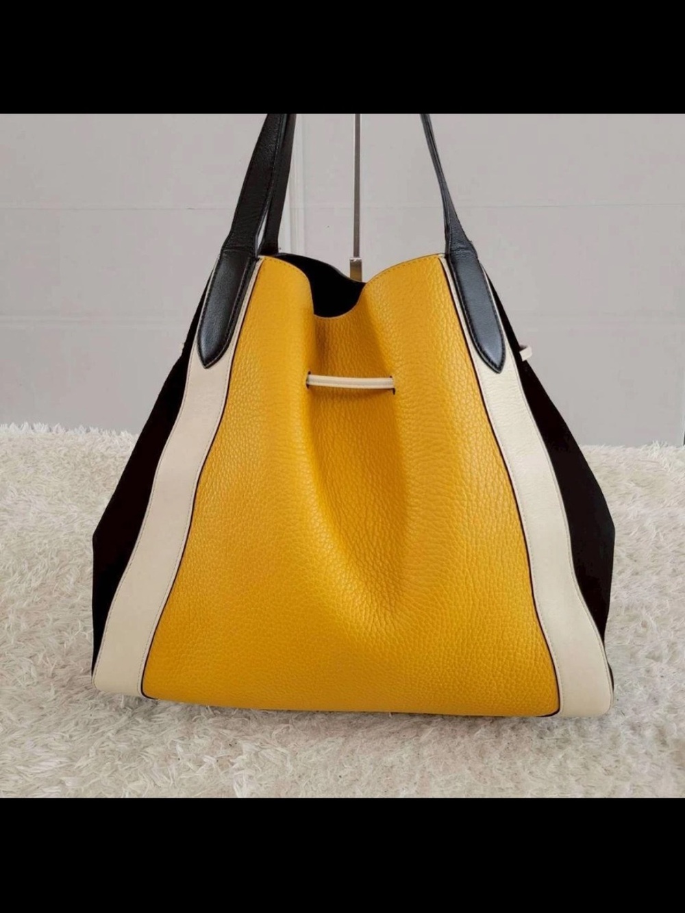 Mulberry Yellow, Black & Cream Pebbled Leather Drawstring Tote with Pouch - Picture 4 of 12